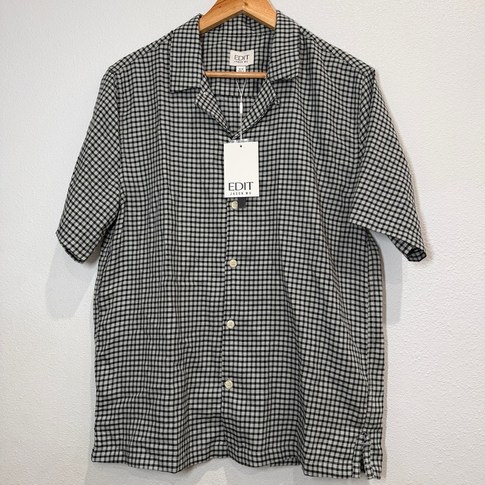 NEW Edit Jason Wu Mens Gingham‎ Wool Blend Short Sleeve Button Down Shirt Medium